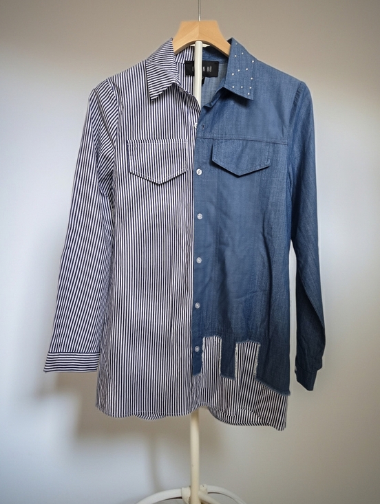 OZANI N KU Tops - NWOT OZANI N KU Two-Tone Blue Striped & Chambray Button-Down Shirt Womens Size S